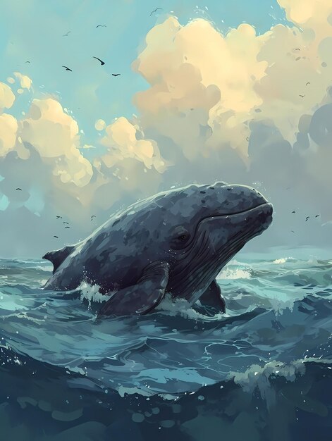 Foto pittura di una balena blu nell'oceano per bambini illustrazione decorazione artistica a parete