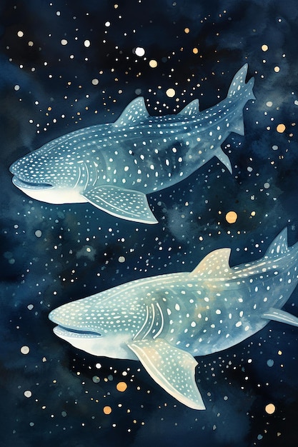 a painting of blue whale shark and the stars.