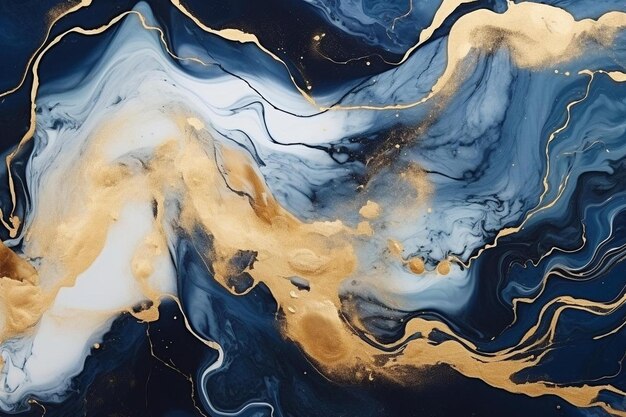 a painting of a blue and white abstract background with a black and white swirl