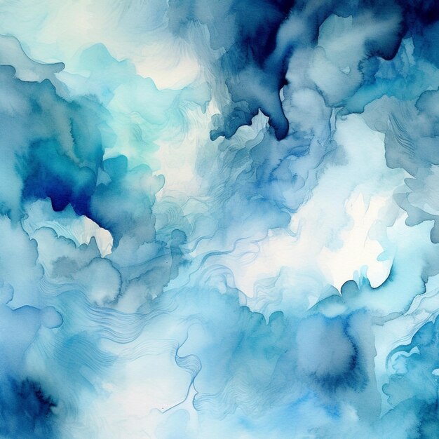 Painting of a blue and white cloud filled sky with a plane generative ai