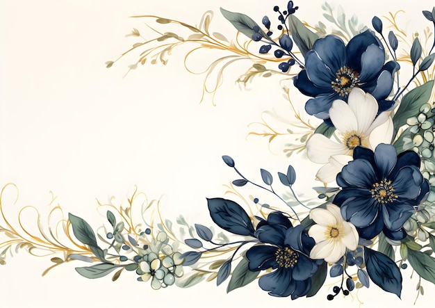 白い背景に青と白の花の絵 抽象的なネイビー色の葉の背景