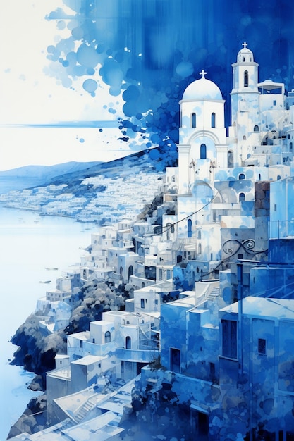 painting of a blue and white village on a cliff overlooking the ocean generative ai