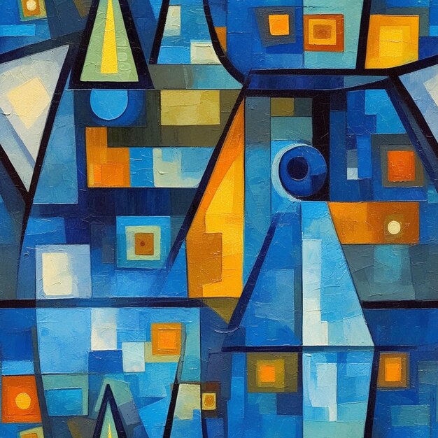 painting of a blue and yellow abstract painting of a castle generative ai
