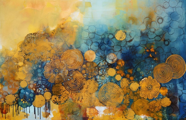 A painting of a blue and yellow floral background