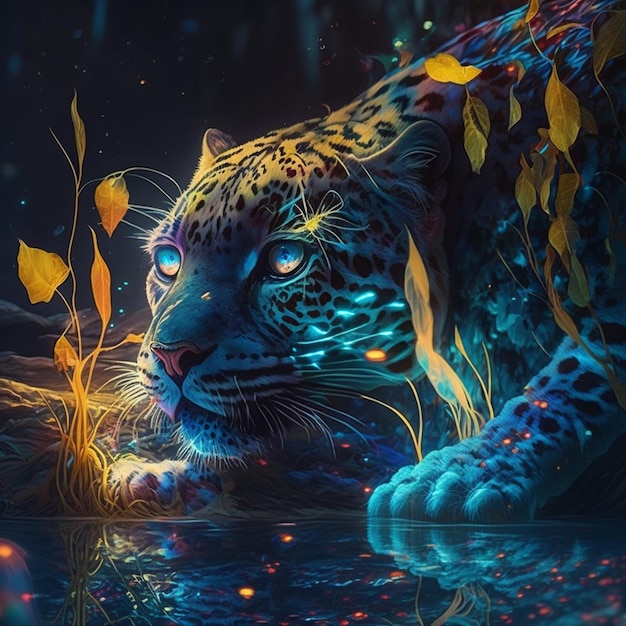 A painting of a blue and yellow leopard