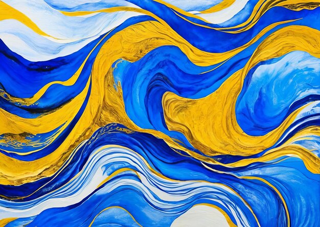 A painting of a blue and yellow swirls with the word blue on it.