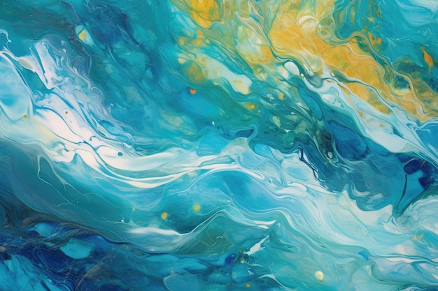 A painting of a blue and yellow swirls with the words'ocean'on it
