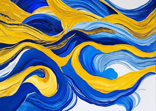 A painting of a blue and yellow wave design.