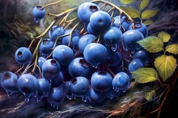 A painting of blueberries with water drops on the stem.