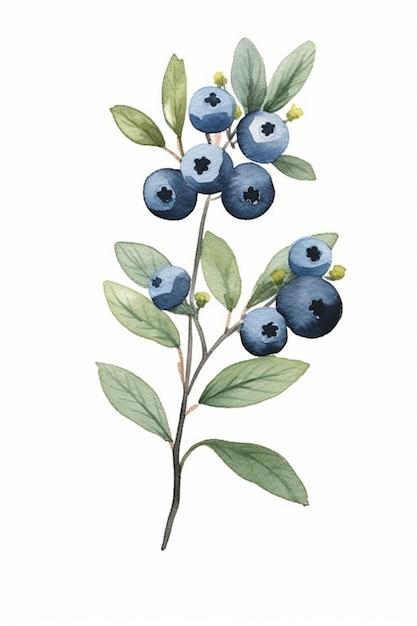 A painting of a blueberry plant with green leaves and berries generative ai