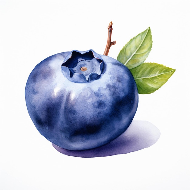 Painting of a blueberry with a leaf on a white background generative ai