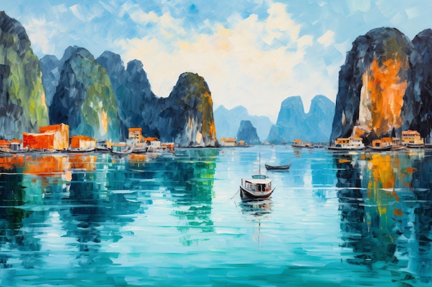 a painting of a boat in a bay