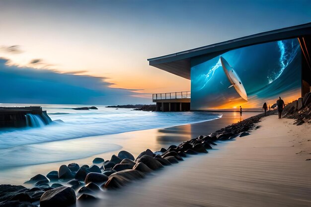 A painting of a boat on a beach at sunset