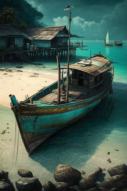Картина лодки на берегу с лодкой на переднем плане.
