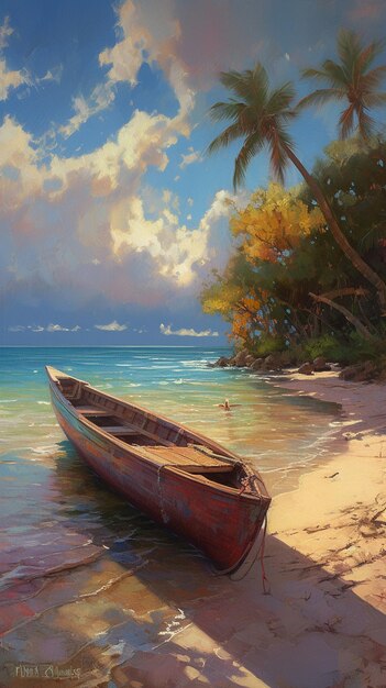 A painting of a boat on the beach