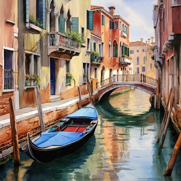 Painting of a boat in a canal with buildings and a bridge generative ai