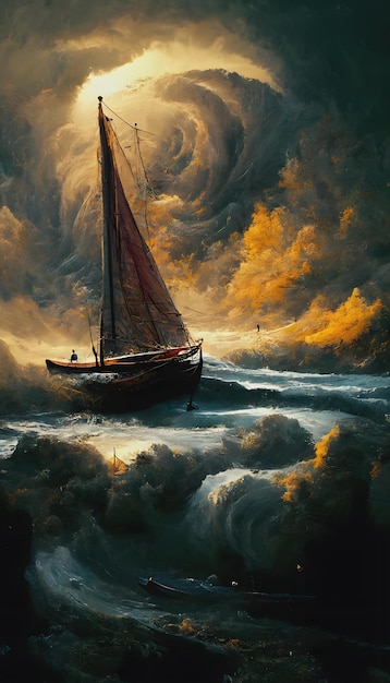 A painting of a boat in the clouds