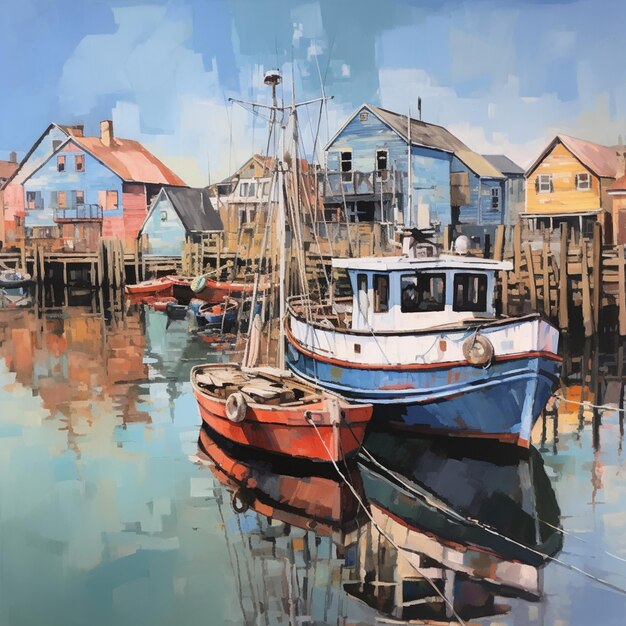 Painting of a boat docked in a harbor with a house in the background generative ai