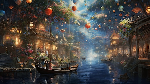 painting of a boat floating down a river with lots of balloons generative ai