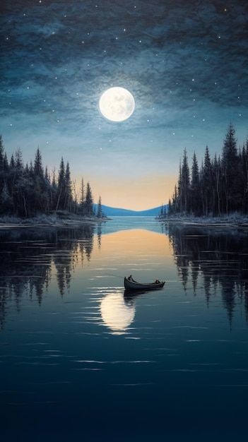 Painting of a boat floating on a lake with a full moon in the sky generative ai