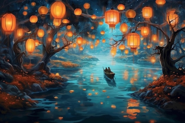 A painting of a boat in a forest with lanterns on the water.