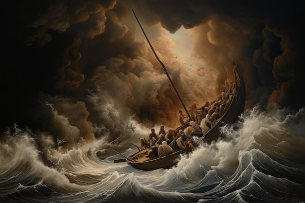 A Painting of a Boat Full of People in a Storm