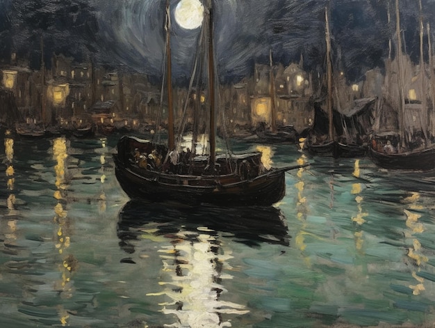 Painting of a boat in a harbor at night with a full moon generative ai