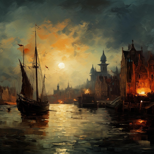 painting of a boat in a harbor with a city in the background generative ai