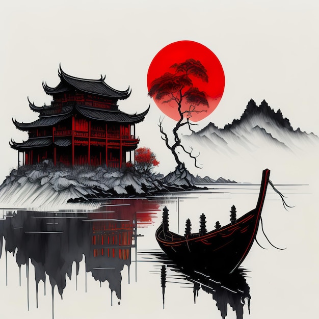 A painting of a boat on a lake with a red sun behind it.