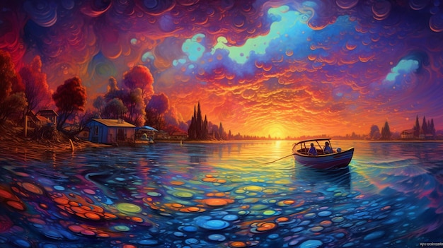 Foto dipinto di una barca su un lago con un tramonto sullo sfondo ai generativa