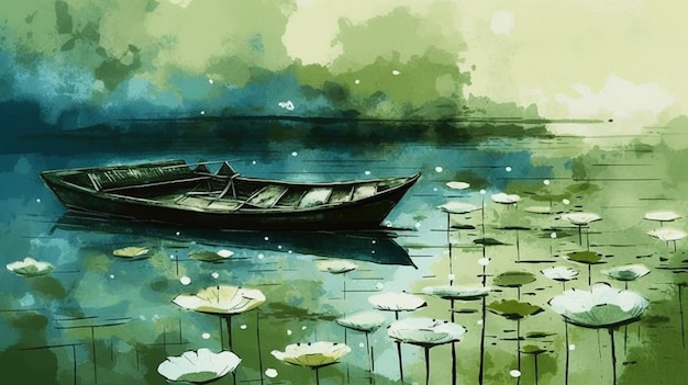 A painting of a boat on a lake with water lilies.