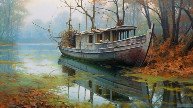 A painting of a boat on a lake