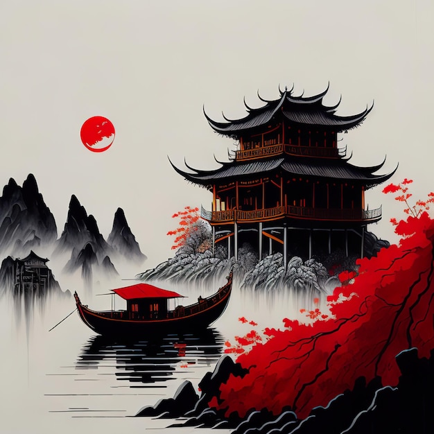 A painting of a boat and a mountain with red leaves.