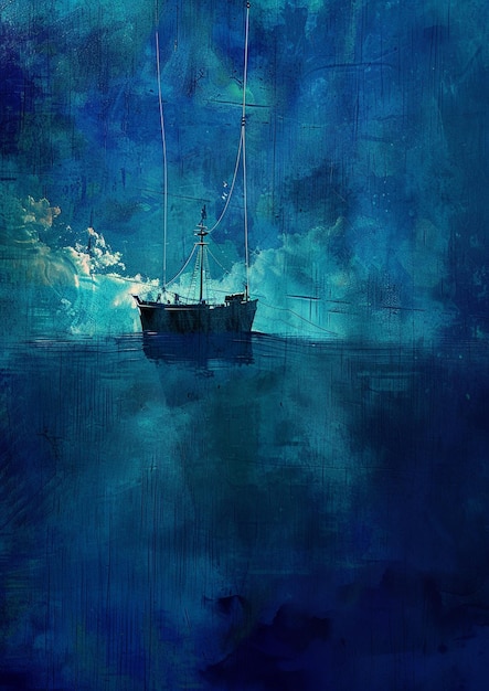 painting of a boat in the ocean with a sky background generative ai