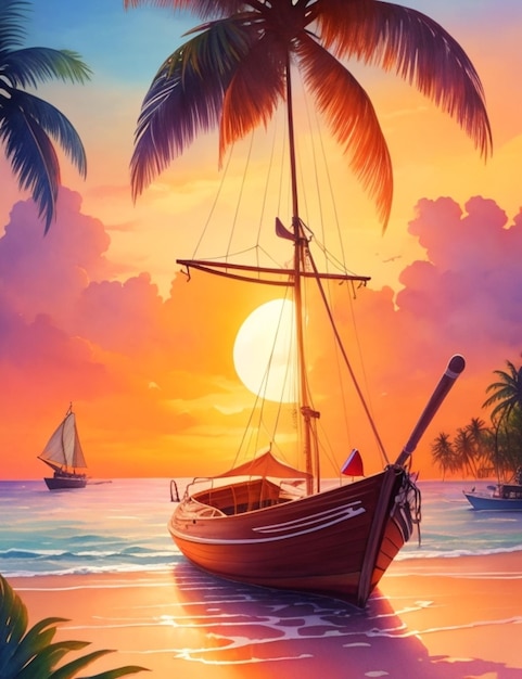 Картина с изображением лодки в океане, за которой заходит солнце.