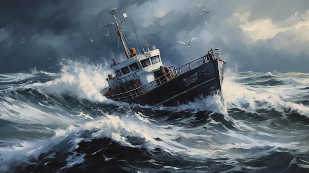A painting of a boat in rough seas with the words'sea shepherd'on the front
