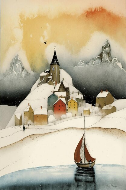 A painting of a boat in a snowy village