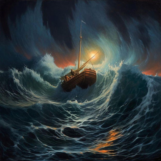 A painting of a boat in a stormy ocean