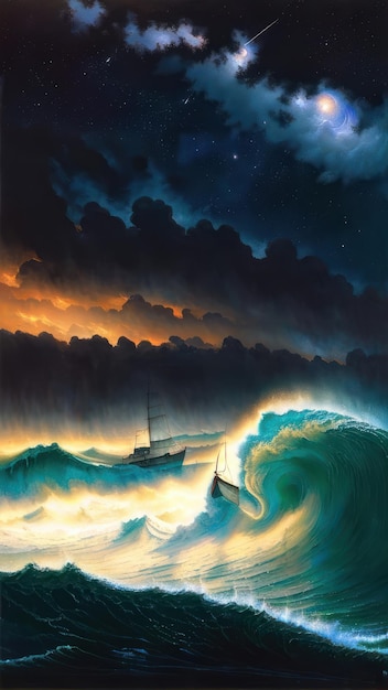 A painting of a boat in a stormy sea