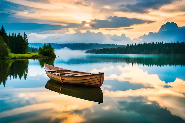 a painting of a boat that is in the water with mountains in the background