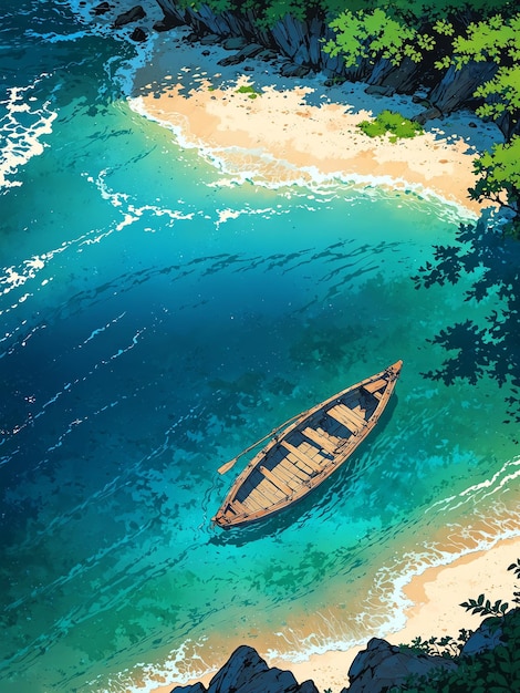 a painting of a boat in the water with a boat in the water