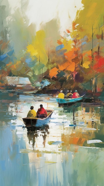 A painting of a boat on the water with a painting of two people in a boat.