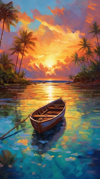 A painting of a boat on the water with palm trees in the background.