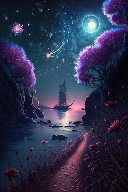 A painting of a boat on the water with a purple sky and a ship in the background.