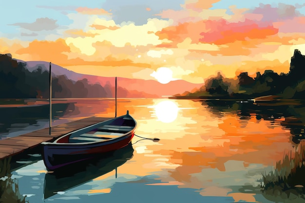 A painting of a boat on the water with the sun setting behind it.