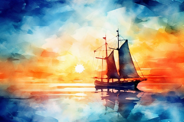 A painting of a boat on the water with the sun setting behind it.