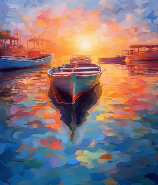Painting of a boat in the water with a sunset in the background generative ai