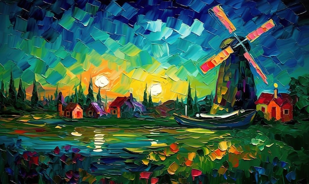 A painting of a boat on the water with a sunset in the background.