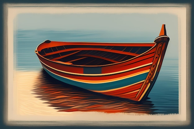 A painting of a boat on the water with the word boat on the bottom
