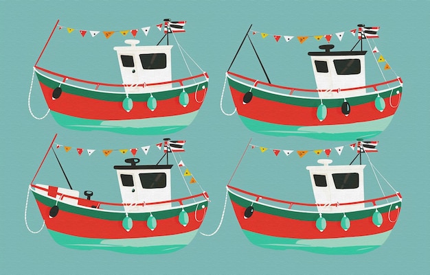 a painting of a boat with flags and flags